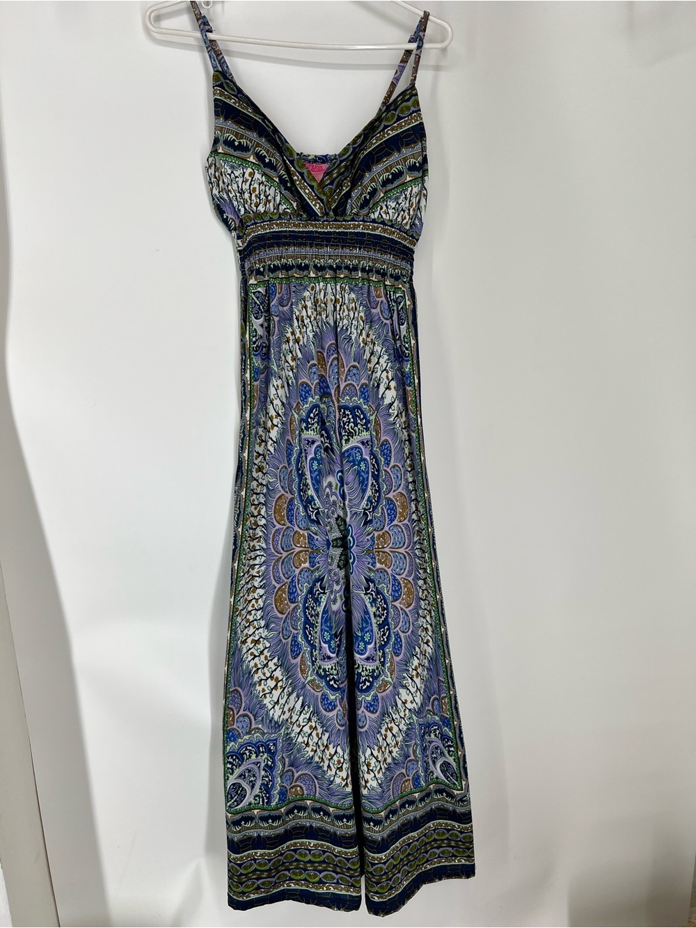 Bohemian She’s Cool Spaghetti-Strap Maxi Dress in Blue & Green Peacock Paisley
